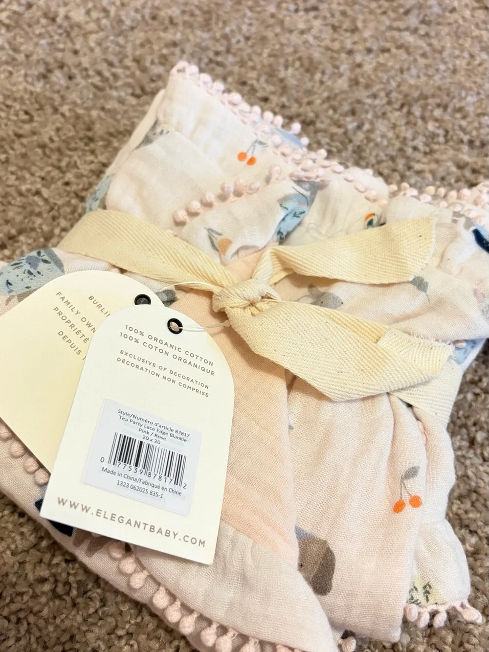 Ruffled Muslin Baby Blanket in Pale Pink Teacup Print